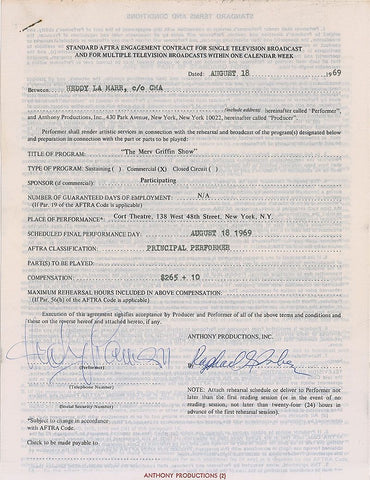 Hedy Lamarr Signed 1969 Appearance Contract Contract: