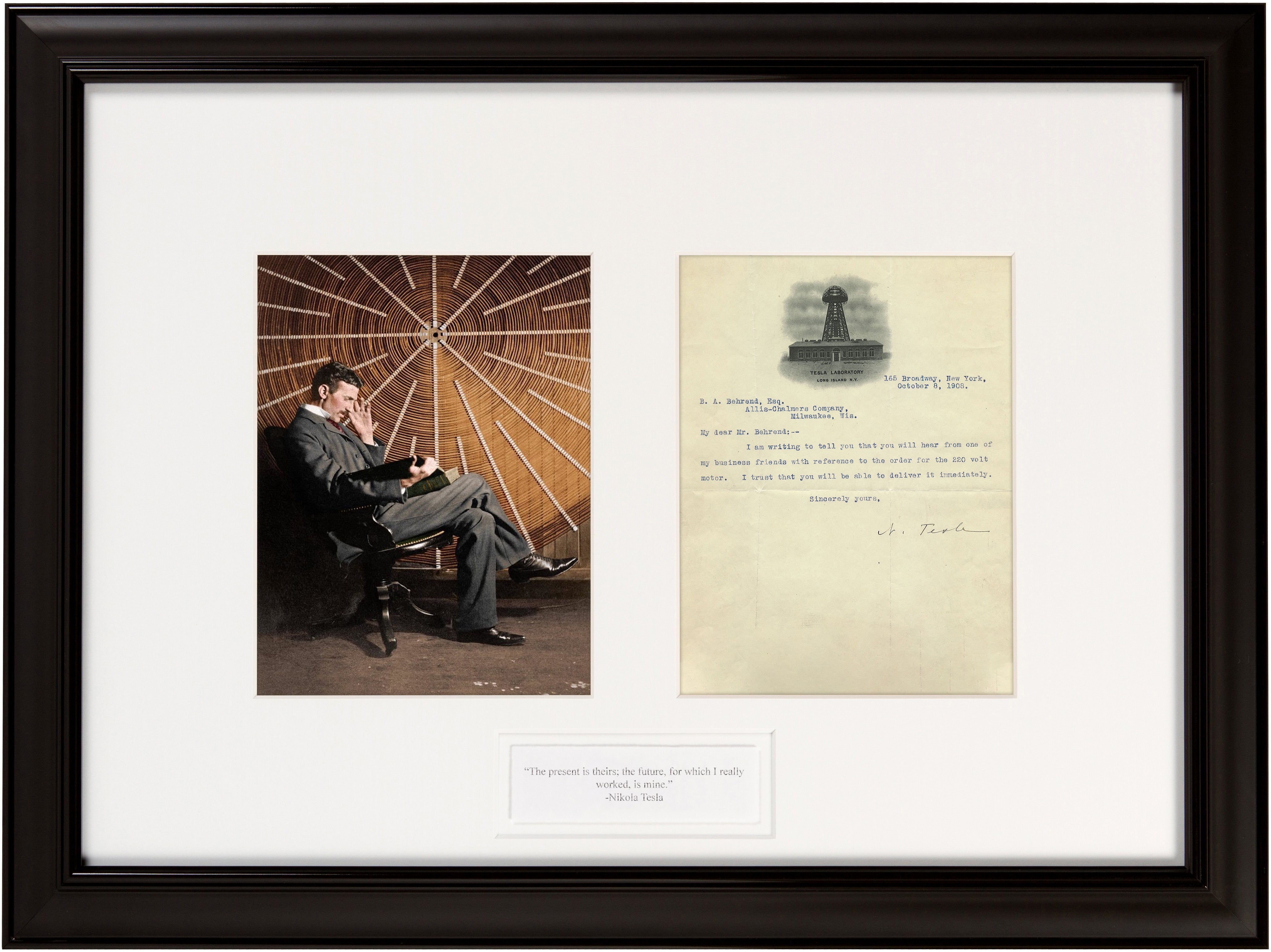 Incredibly Rare Nikola Tesla Signed 1908 Letter with Laboratory Letterhead “…the order for the 220 volt motor.”