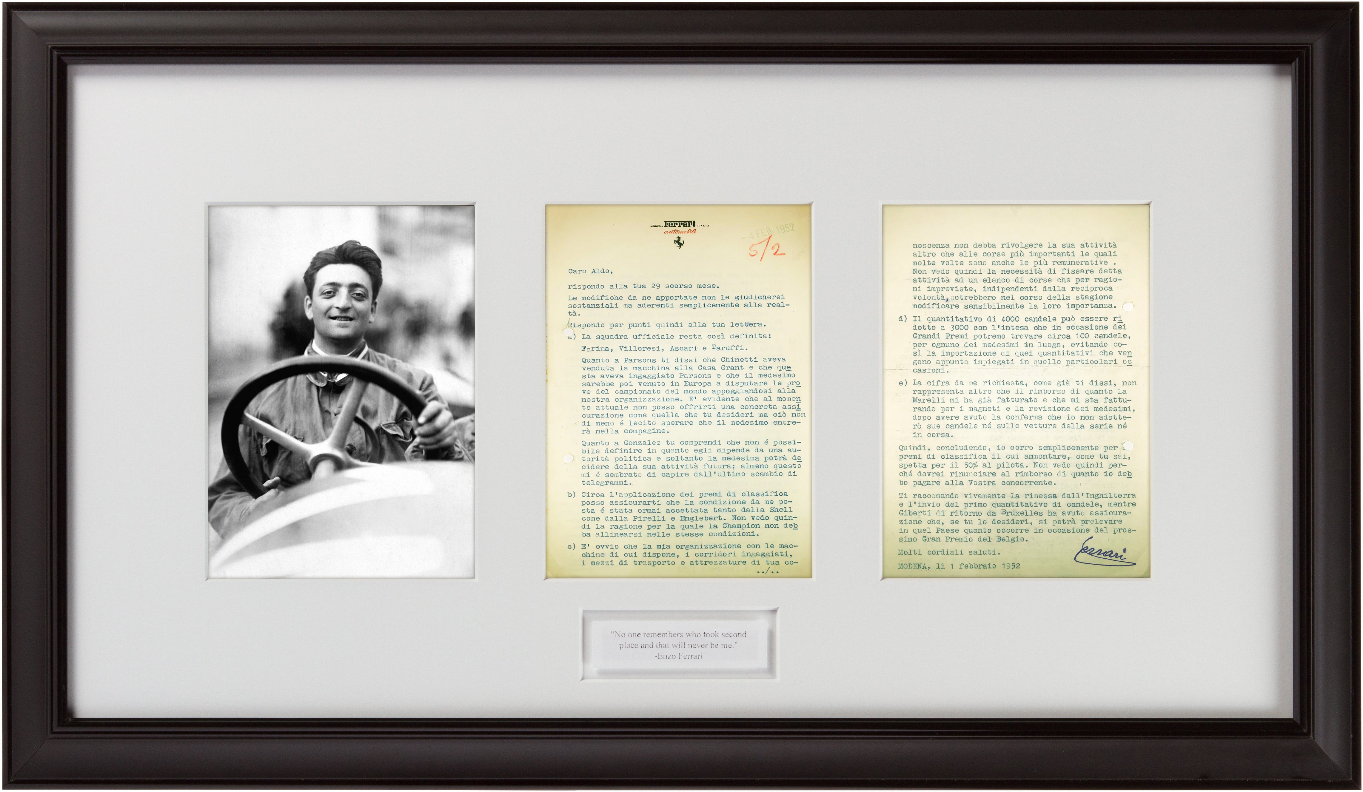 Unbelievable Enzo Ferrari Signed 1952 Two Page Letter “The official team remains defined as follows: Farina, Villoresi, Ascari, and Taruffi.”