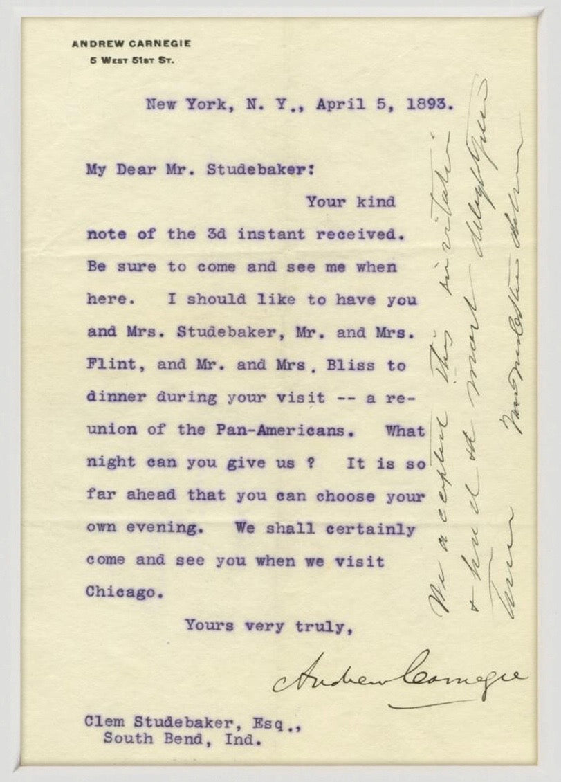 Rare Andrew Carnegie Signed 1893 Letter to, and Countersigned by Clement Studebaker also Mentioning Charles R. Flint, founder of IBM.