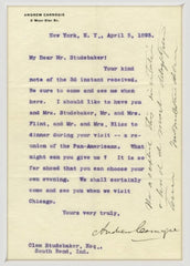 Rare Andrew Carnegie Signed 1893 Letter to, and Countersigned by Clement Studebaker also Mentioning Charles R. Flint, founder of IBM.