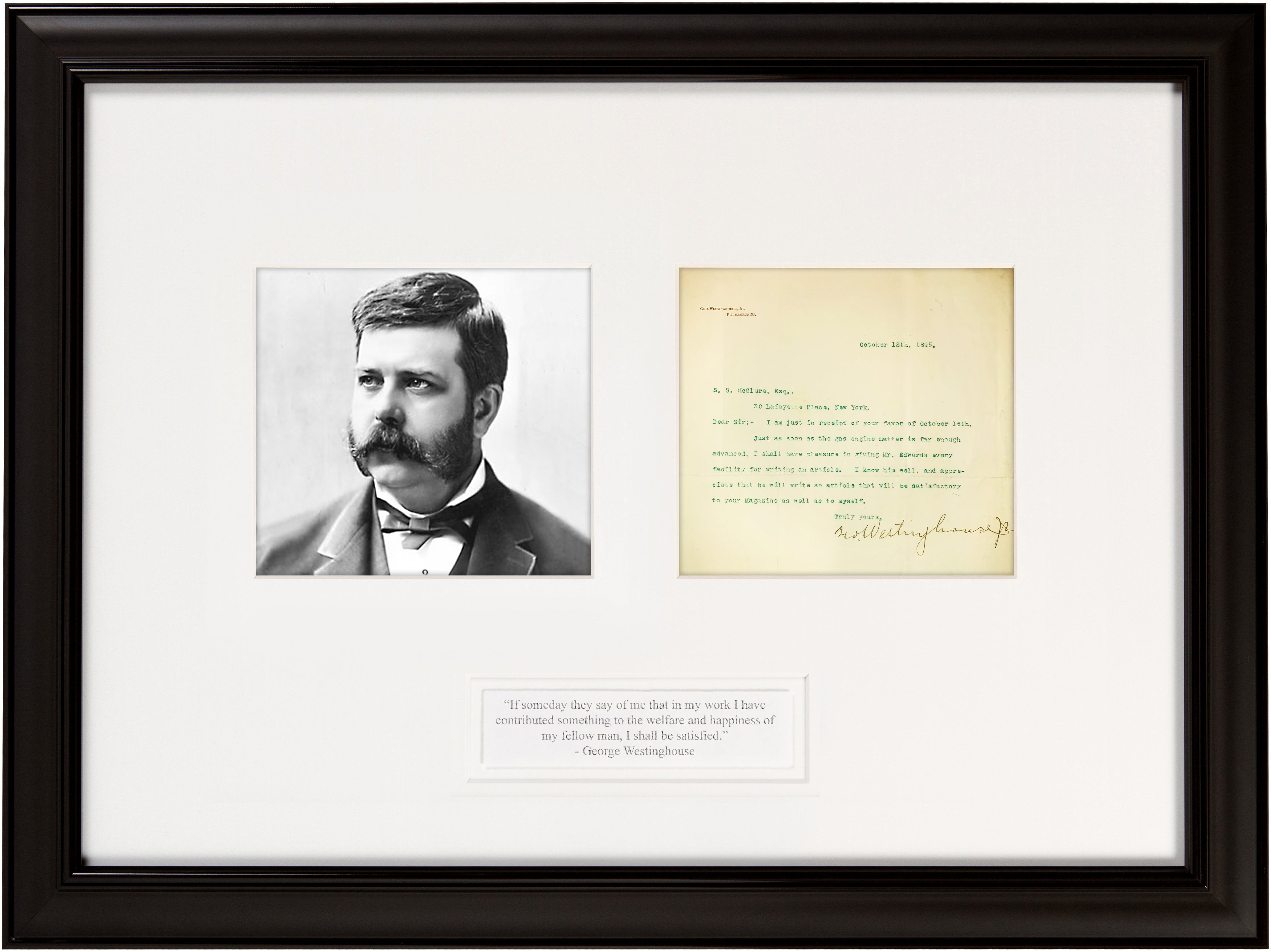 Rare George Westinghouse Signed 1895 Letter with invention content. “As soon as the gas engine matter is far enough advanced…”