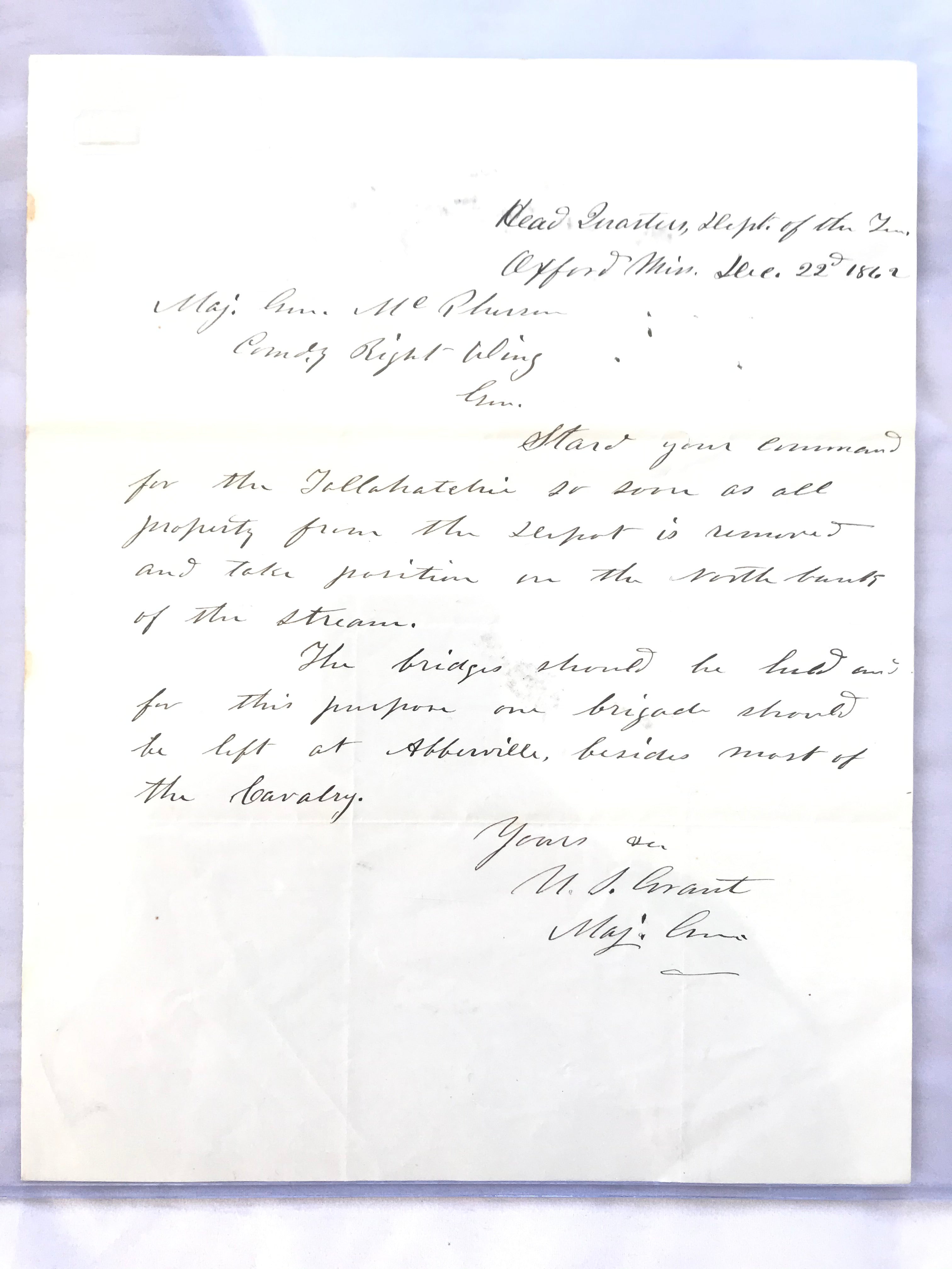Beautiful GENERAL ULYSSES S. GRANT SIGNED 1862 Letter Civil War Battle Plans. “Start your command for the Tallahatchie…”