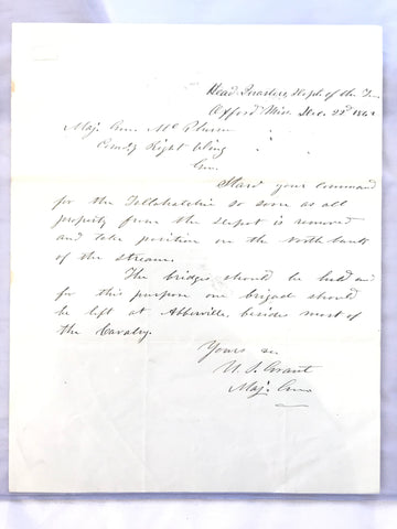 Beautiful GENERAL ULYSSES S. GRANT SIGNED 1862 Letter Civil War Battle Plans. “Start your command for the Tallahatchie…”