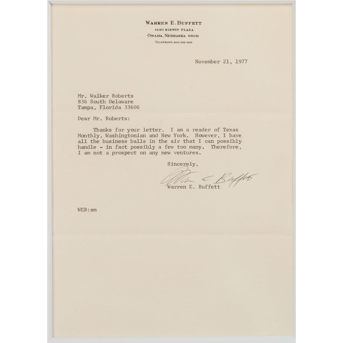 Early Warren Buffett Signed 1977 Investing Letter: “The difference between successful people and really successful people is...”
