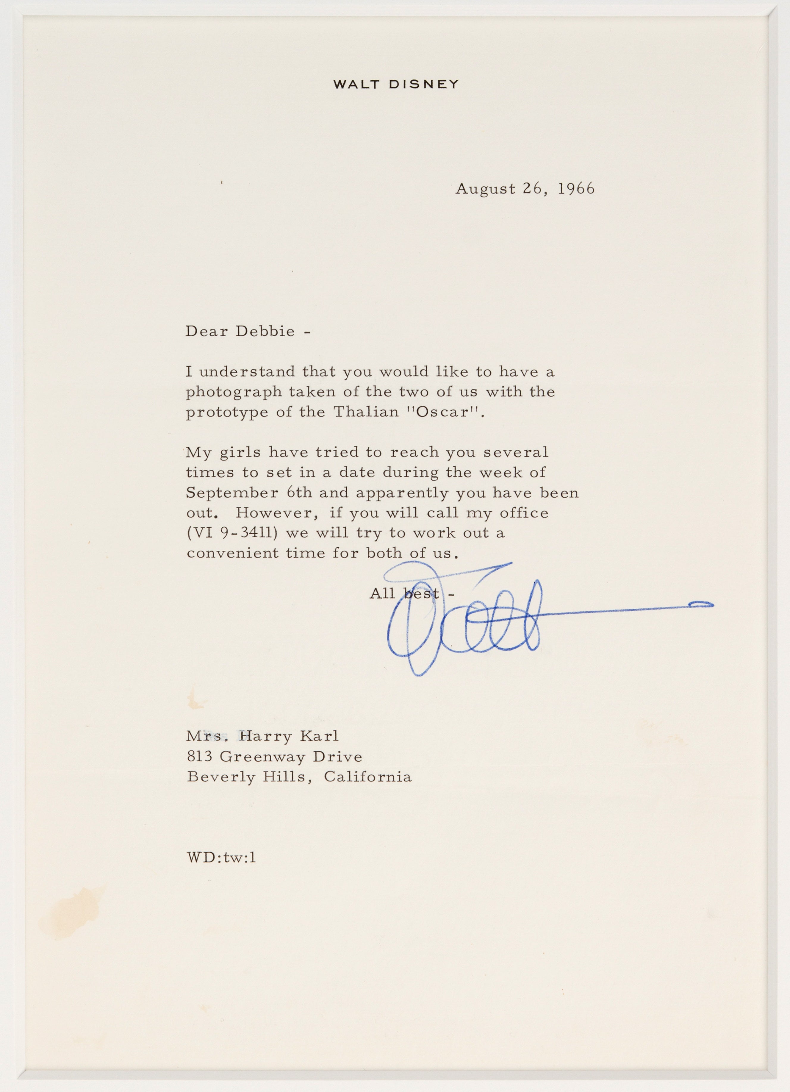Rare Walt Disney Signed 1966 Letter to Hollywood Star Debbie Reynolds: “It’s kind of fun to do the impossible"