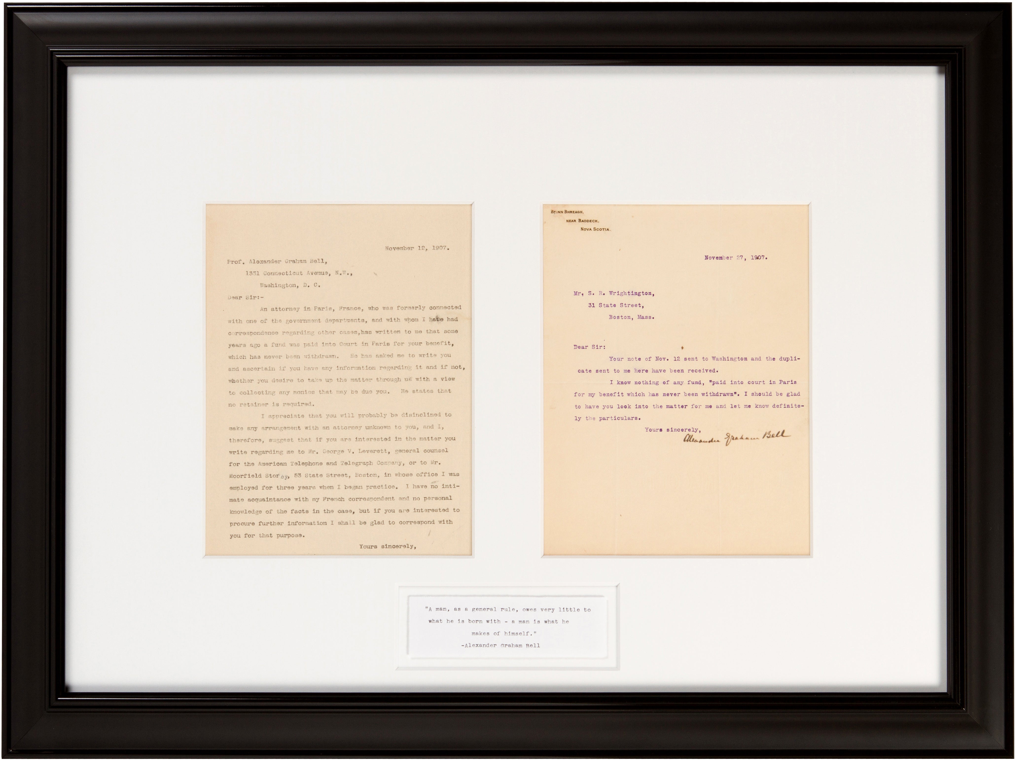 Rare Alexander Graham Bell Signed 1907 Letter: "A Man is What he Makes of Himself..."