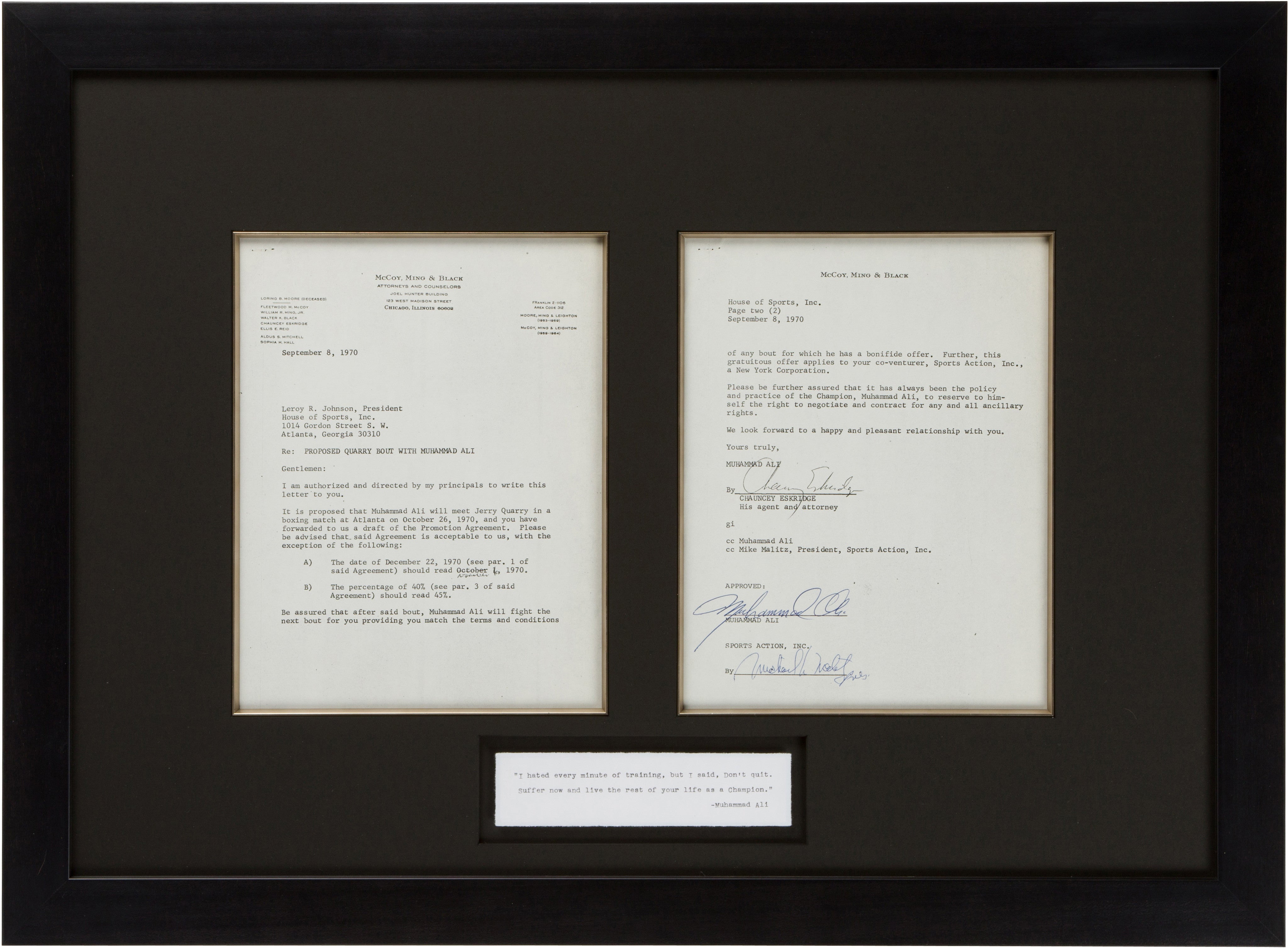 Rare Muhammad Ali Signed 1970 Fight Contract: "It is proposed that Muhammad Ali will meet Jerry Quarry in a boxing match at Atlanta on October 26, 1970.“