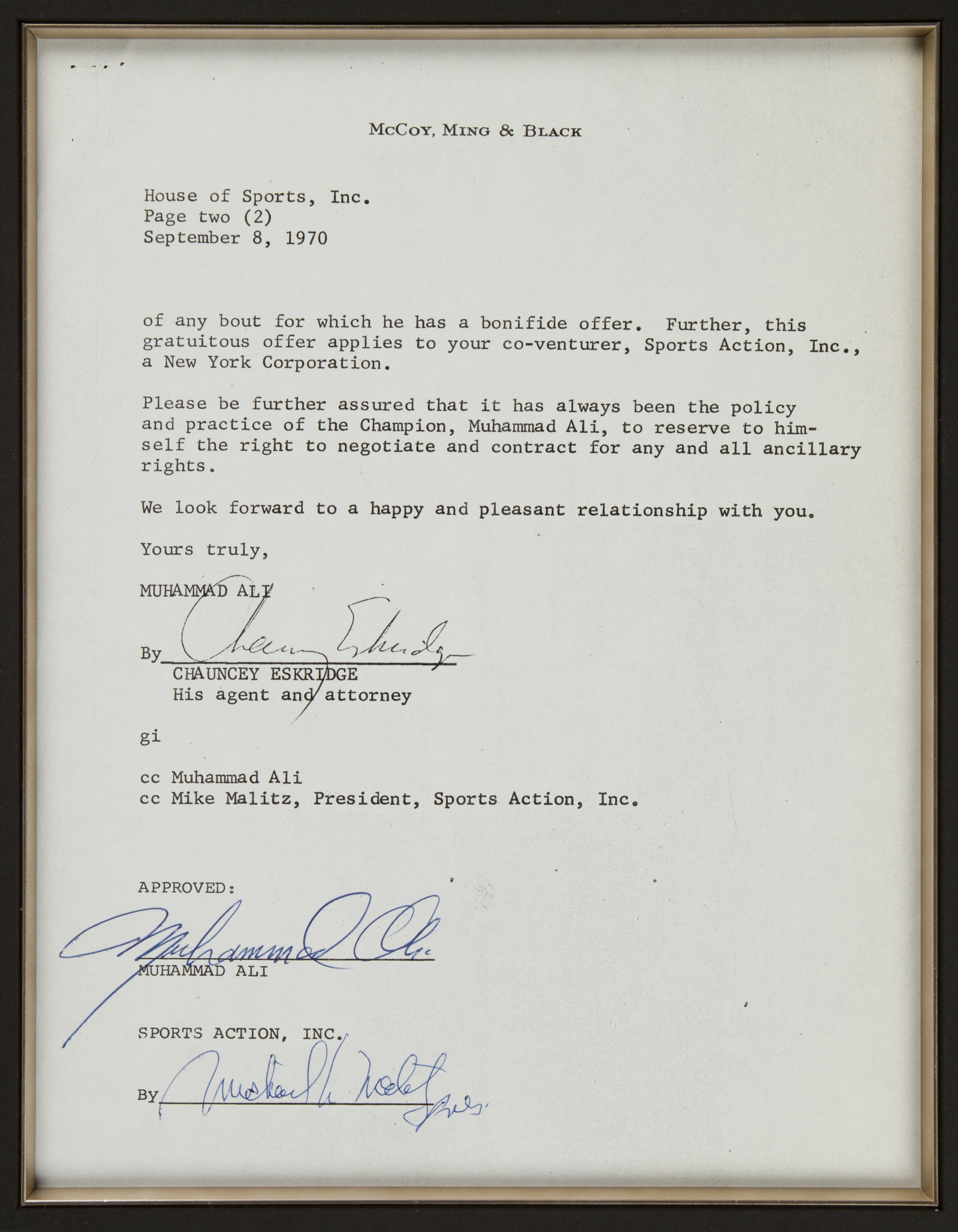 Rare Muhammad Ali Signed 1970 Fight Contract: "It is proposed that Muhammad Ali will meet Jerry Quarry in a boxing match at Atlanta on October 26, 1970.“