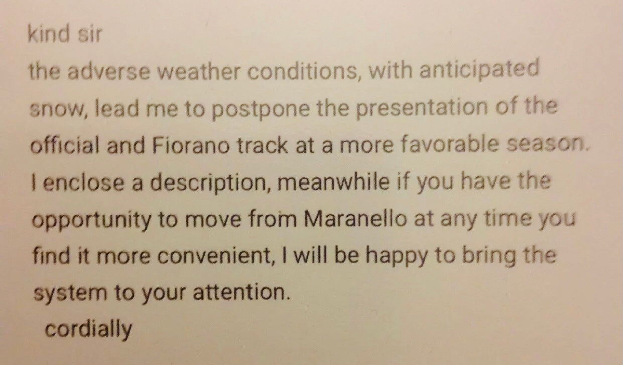 Beautiful Enzo Ferrari Signed 1971 Letter important Ferrari history:  “…the presentation of the official Fiorano Track…”