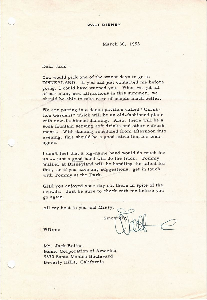 Rare Walt Disney 1956 Letter Signed to Jack Bolton President of MCA